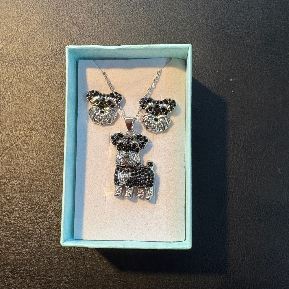 Black and Silver Dog Pendant Necklace and Earrings Set